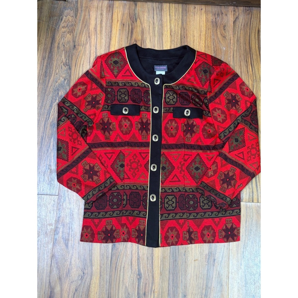Vintage Tina Barrie 18W Red Black Gold Geometric Statement Blazer Made USA